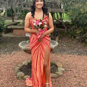 Elegant Orange and Red Evening Gown